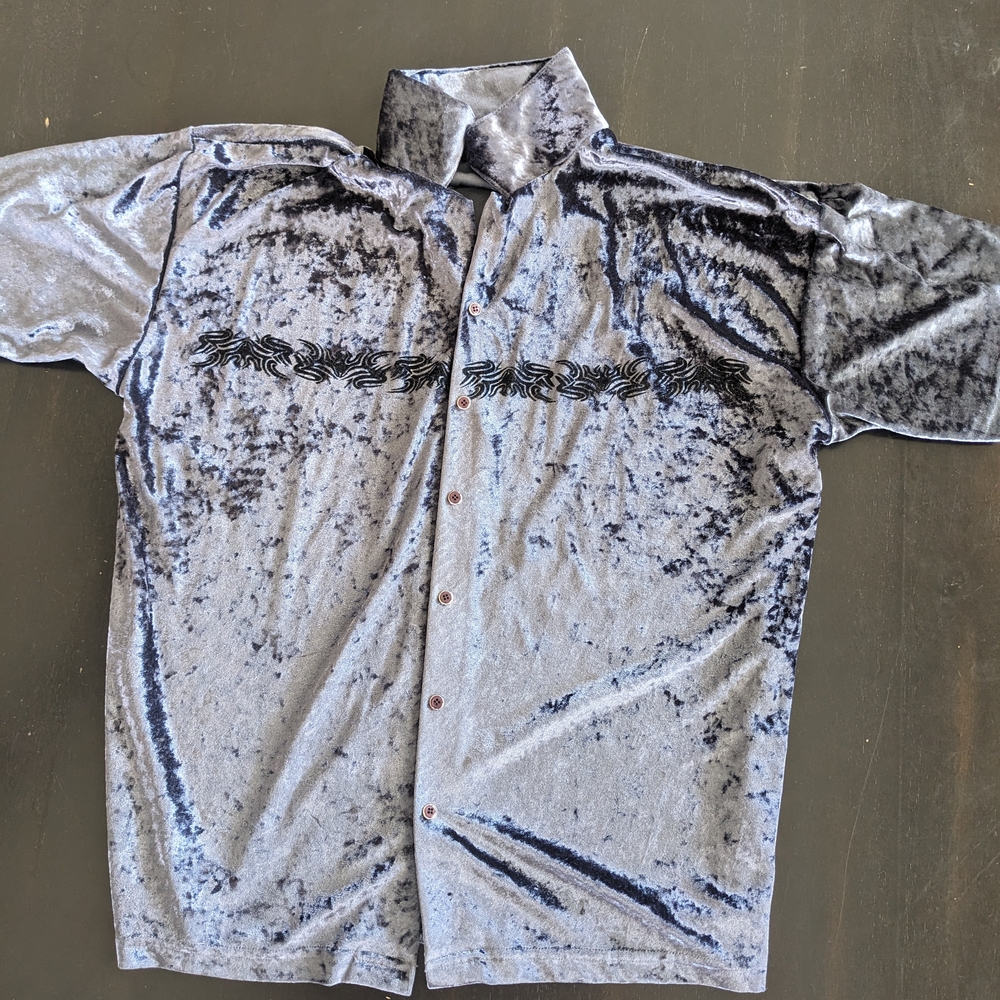 Vintage Hoax Velvet Button-Up Shirt Cut #1134 – Black/Silver – Men's Size Large